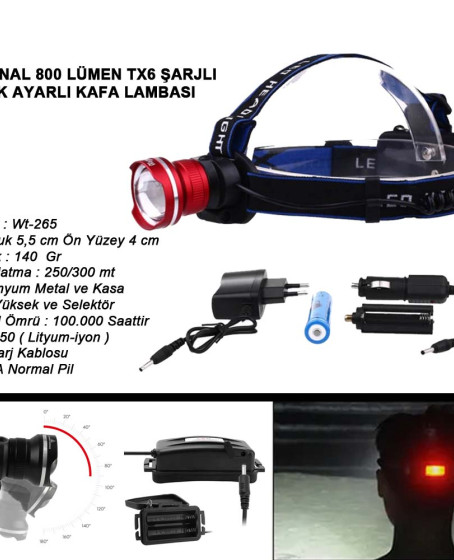 Orjinal 800 Lümen T6 Şarjlı Kafa Feneri Wt-265 Orjinal 800 Lümen T6 Şarjlı Kafa Feneri Wt-265