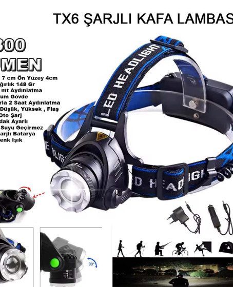 800 Lümen Tx6 Şarjlı Zoomlu Kafa Feneri Wt-120