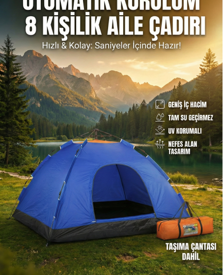 Otomatik Kurulumlu Kamp Çadırı 8 Kişilik (250x250x165) cm