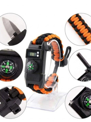 Paracord Dijital Saat Düdük Hayatta Kalma Turuncu Kamp Bilekliği