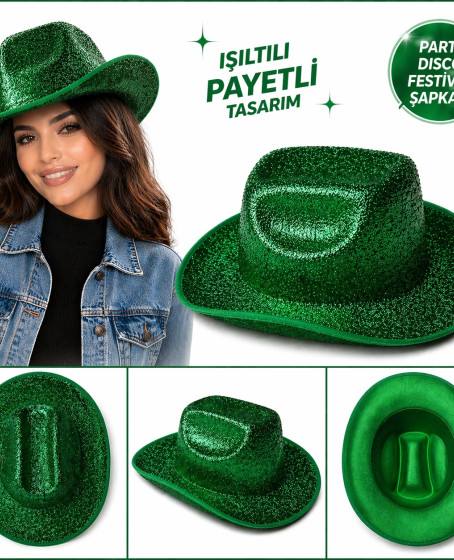 Parlak Yeşil Kovboy Şapka Kadın Erkek Parti Disco Festival Şapkası