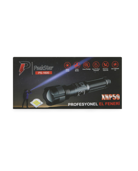 PeakStar Ps-1600 Süper Parlak Led Zoomlu 5 Mod Su Geçirmez Profesyonel Kamp Bekçi Avcı Feneri