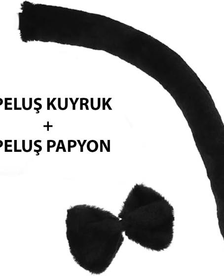 Peluş Siyah Renk Kuyruk ve Papyon Yetişkin Çocuk Uyumlu