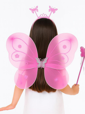 Pembe Kelebek Kız Seti – 50 cm Kelebek Kanadı, Taç ve Asa