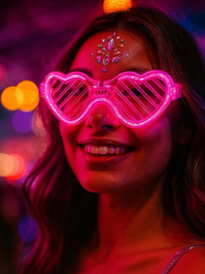 Pembe LED Işıklı Kalp Gözlük – 3 Modlu Parti & Glow Gözlüğü