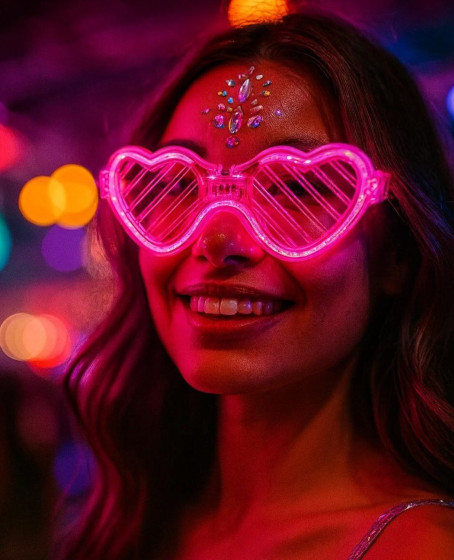 Pembe LED Işıklı Kalp Gözlük – 3 Modlu Parti & Glow Gözlüğü