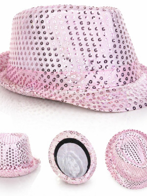 Pembe Payetli Disco Parti Şapkası Yetişkin Işıltılı Fötr Model