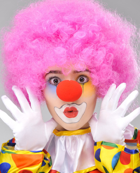 Pembe Renk Kıvırcık Afro Bonus Peruk Takma Saç ve Kırmızı Burun Seti
