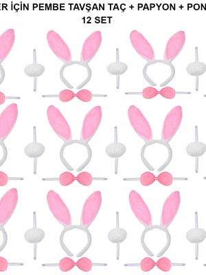 Pembe Tavşan Kostüm Seti – Taç, Papyon, Ponpon (12’li Paket)
