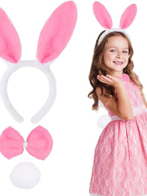Pembe Tavşan Kostüm Seti – Taç, Papyon, Ponpon (12’li Paket)