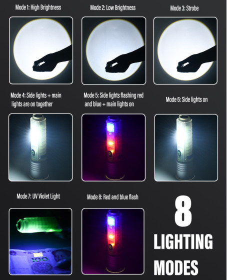 Profesyonel TG LED Güçlü 8 Modlu Type-C 1000 Lümen Polis Çakarlı Şarjlı El Feneri