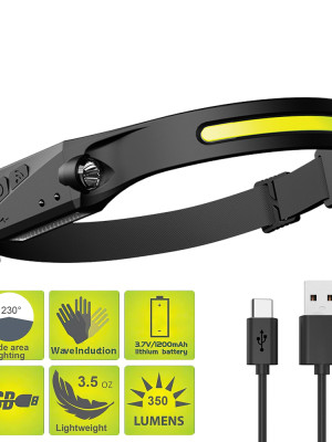 PS-001 5 Aydınlatma Modlu COB LED Sensörlü USB Şarj  Edilebilir Dahili Pilli Kafa Lambası