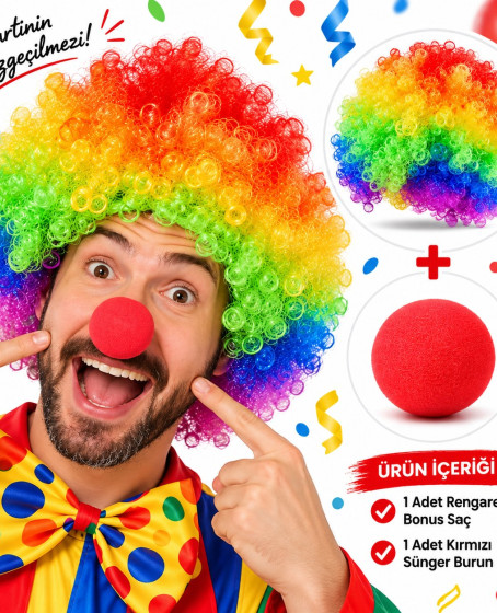 Rengarenk Bonus Saç ve Kırmızı Sünger Burun Seti