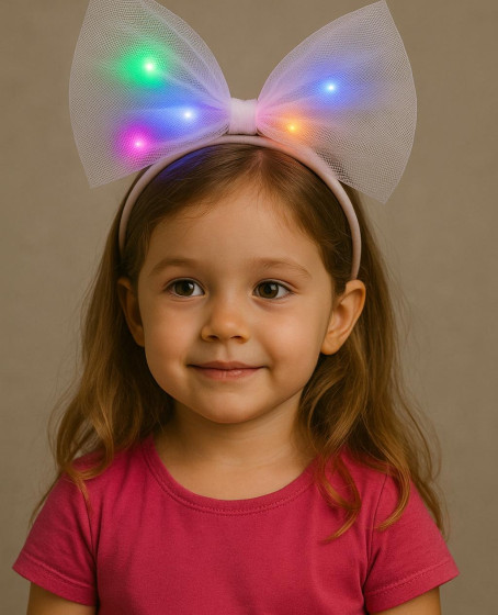 Rengarenk Led Işıklı Fiyonk Şekilli Tül Parti Tacı Beyaz Renk 25x25 cm