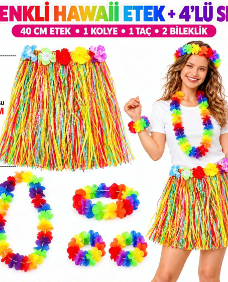 Renkli Hawaii Etek 40 cm ve 4’lü Hawaii Seti