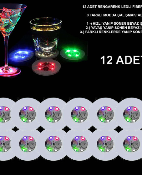 Renkli LED Işıklı Bardak Altlığı - Dekoratif (12 Adet, Pilli)