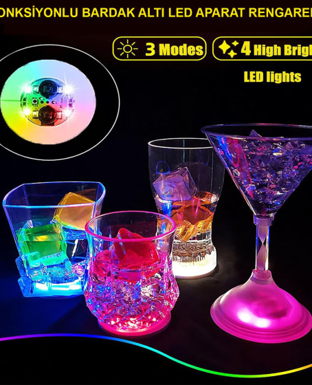Renkli LED Işıklı Bardak Altlığı - Dekoratif (12 Adet, Pilli)