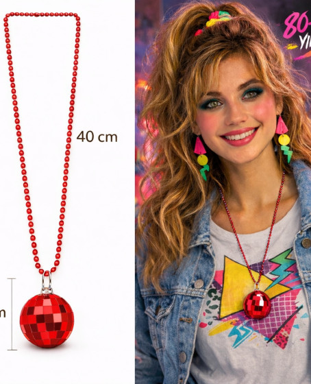 Retro Disko Topu Şekilli 80'ler 90'lar Kırmızı Renk Plastik Kolye