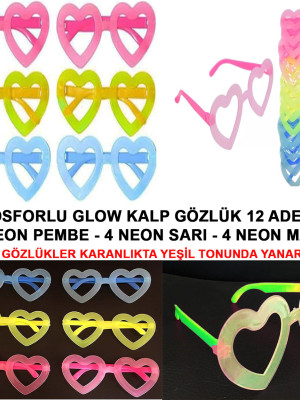 Retro Neon Fosforlu Kalp Gözlük 12 Adet – 80’ler 90’lar Parti Stili
