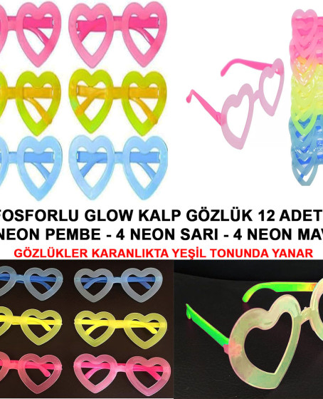 Retro Neon Fosforlu Kalp Gözlük 12 Adet – 80’ler 90’lar Parti Stili