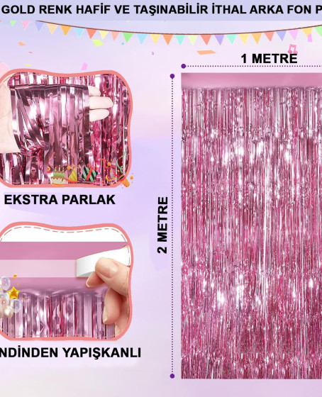 Rose Gold Renk Ekstra Metalize Parlak Saçaklı Arka Fon Perde İthal A Kalite 1x2 Metre Rose Gold Renk Ekstra Metalize Parlak Saçaklı Arka Fon Perde İthal A Kalite 1x2 Metre