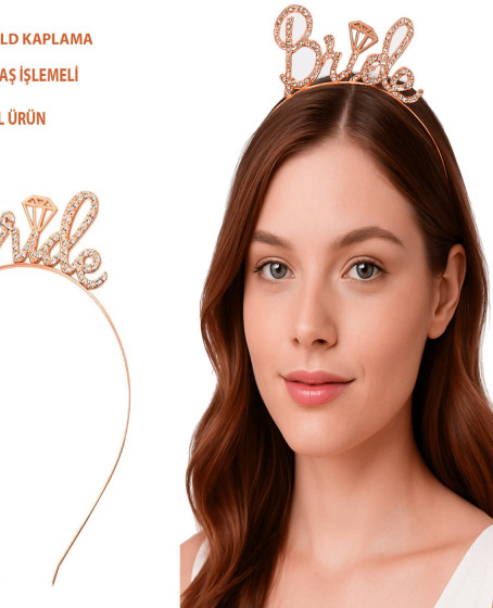 Rose Gold Renkli Taşlı “Bride” Gelin Tacı – El Yazısı Yazı Tipiyle