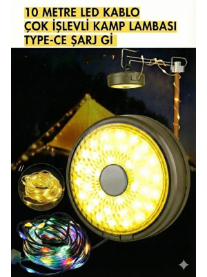 Şarjlı 10 Metre Ledli Şarj Göstergeli 8 Işık Modlu Hareketli Ve Flaşör Modlu Kamp Lambası Led Işık