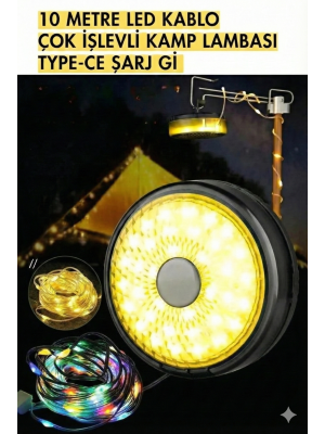 Şarjlı 10 Metre Ledli Şarj Göstergeli 8 Işık Modlu Hareketli Ve Flaşör Modlu Kamp Lambası Led Işık