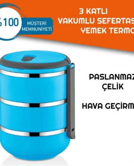 Sefer Tası Yemek Termosu Saklama Kabı Termosu 3lü - Mavi Sefer Tası Yemek Termosu Saklama Kabı Termosu 3lü - Mavi