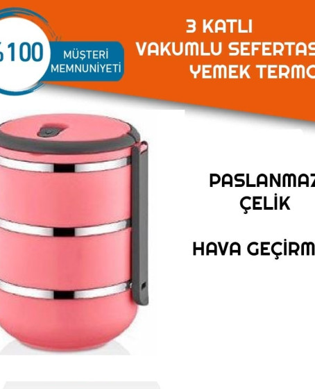 Sefer Tası Yemek Termosu Saklama Kabı Termosu 3lü - Pembe Sefer Tası Yemek Termosu Saklama Kabı Termosu 3lü - Pembe