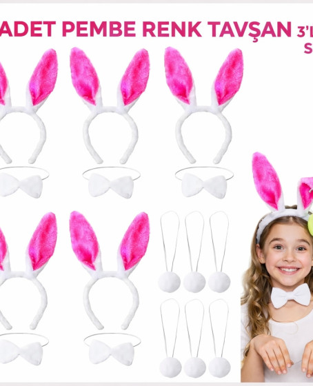 Şeker Pembesi Tavşan Sahne Seti 6'lı Set Taç Papyon Kuyruk