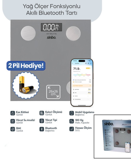 BASKÜL GRİ YAĞ ÖLÇER AKILLI BLUETOOTH CAM BASKÜL