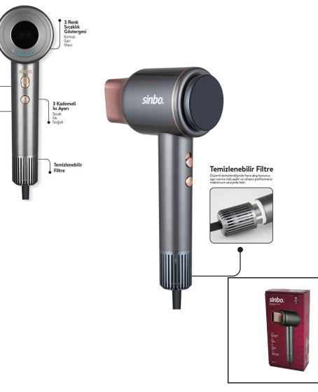 SİNBO SHD-1717 BLDC TURBO MOTOR TOKMAK MODEL SAÇ KURUTMA MAKİNESİ 1600W 2-KDM.HIZ 3-KDM.SICAKLIK YAPIŞKANLI ASKI