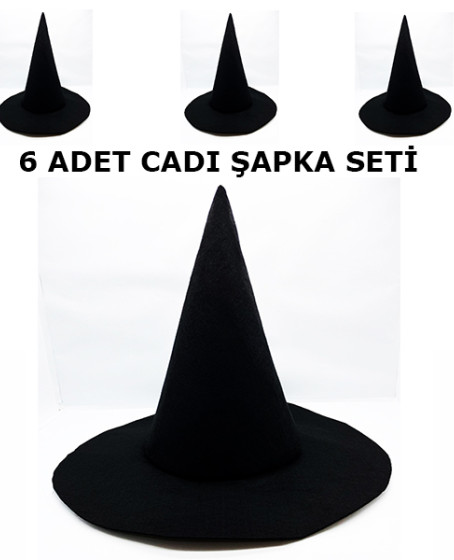 Siyah Cadı Şapkası Keçe Yetişkin Boy 6 Adet