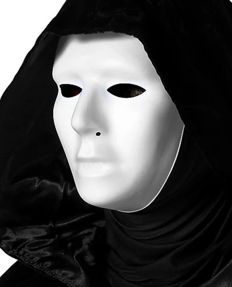 Siyah Kapüşonlu 120 cm Pelerin ve Beyaz Boyanabilir Tam Yüz Maske