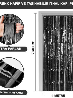 Siyah Renk Ekstra Metalize Parlak Saçaklı Arka Fon Perde İthal A Kalite 1x2 Metre