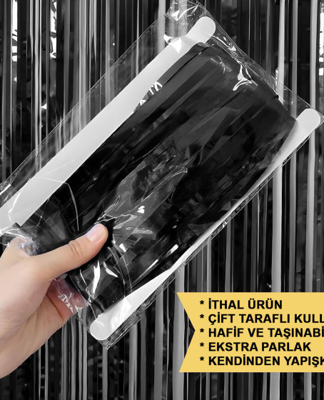 Siyah Renk Ekstra Metalize Parlak Saçaklı Arka Fon Perde İthal A Kalite 1x2 Metre
