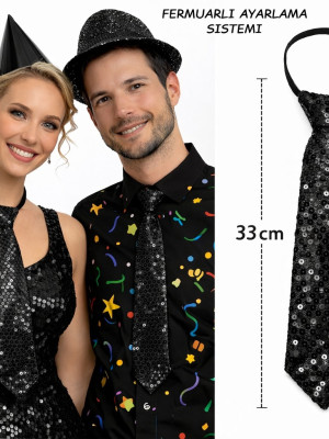 Siyah Renk Pul Payetli Işıltılı Parti Kravatı 33 cm