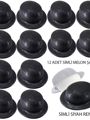 Siyah Renk Simli Melon Yuvarlak Parti Şapkası 12 Adet Siyah Renk Simli Melon Yuvarlak Parti Şapkası 12 Adet