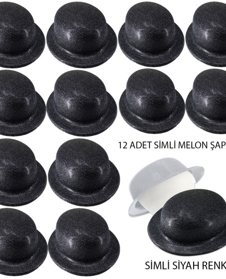 Siyah Renk Simli Melon Yuvarlak Parti Şapkası 12 Adet