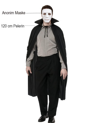 Siyah Renk Yakalı 120 cm Pelerin ve Beyaz Anonim Maske Siyah Renk Yakalı 120 cm Pelerin ve Beyaz Anonim Maske