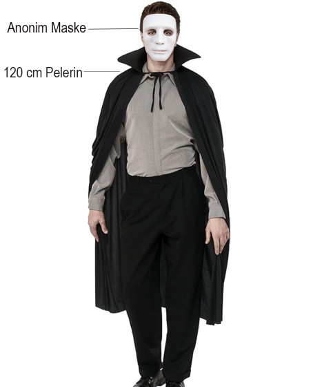 Siyah Renk Yakalı 120 cm Pelerin ve Beyaz Anonim Maske