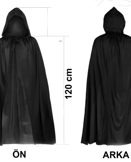 Siyah Uzun Pelerin 120 cm Kapüşonlu – Cosplay ve Parti Kostümü