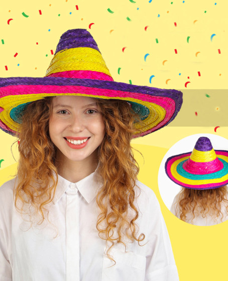 Sombrero Meksika Şapkası Renkli Örme Hasır Çocuk Boy