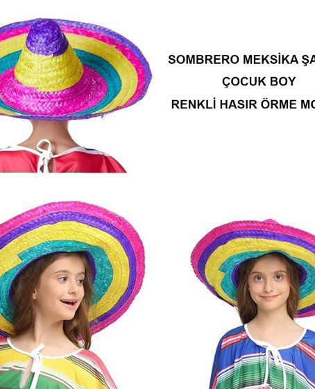 Sombrero Meksika Şapkası Renkli Örme Hasır Çocuk Boy