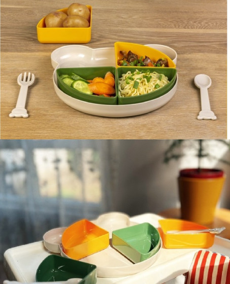 Tabldot Mama Tabağı Çıkarılabilir Kaseli -Tepsili 4 Bölmeli Çatal Kaşıklı Ayıcık Beslenme Kabı