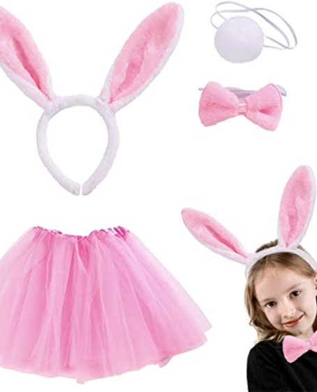 Tavşan Tacı Eteği Papyonu ve Kuyruk Kostüm  Seti Pembe Renk Çocuk Boy