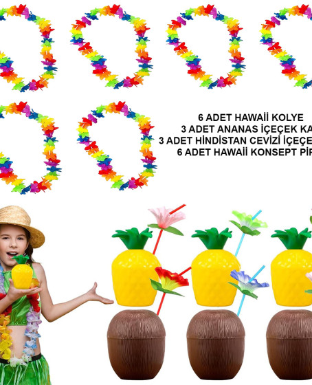 Tropikal Hawaii Parti Malzemeleri – Kolye, Pipet, Bardak Seti