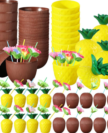 Tropikal Parti Bardak Seti – Ananas ve Hindistan Cevizi Şekilli Pipetli Bardaklar (20 Adet)