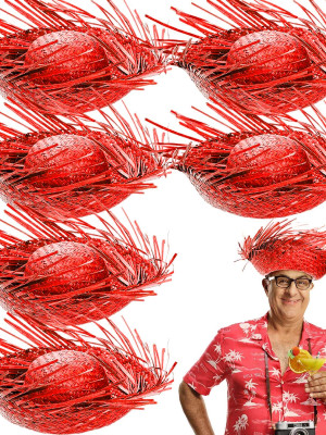 Tropikal Parti Kırmızı Hasır Hawaii Şapkası 13x36 cm